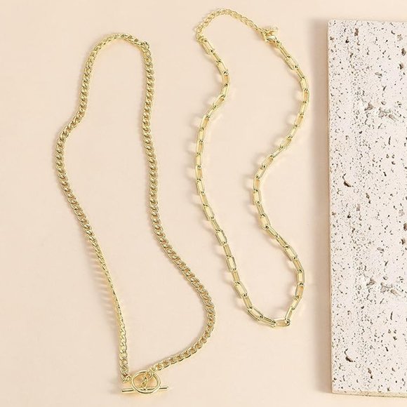 14K Dainty Gold Necklace Set of 2 Minimalist Layered Thin‎ Chain Link Jewelry - Picture 3 of 8